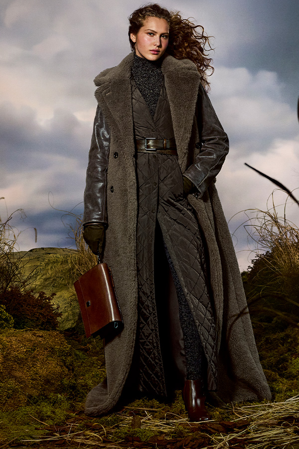 Max Mara Untamed Heroine campaign look with sleeveless coat, quilted coat and brown booties with leather bag.